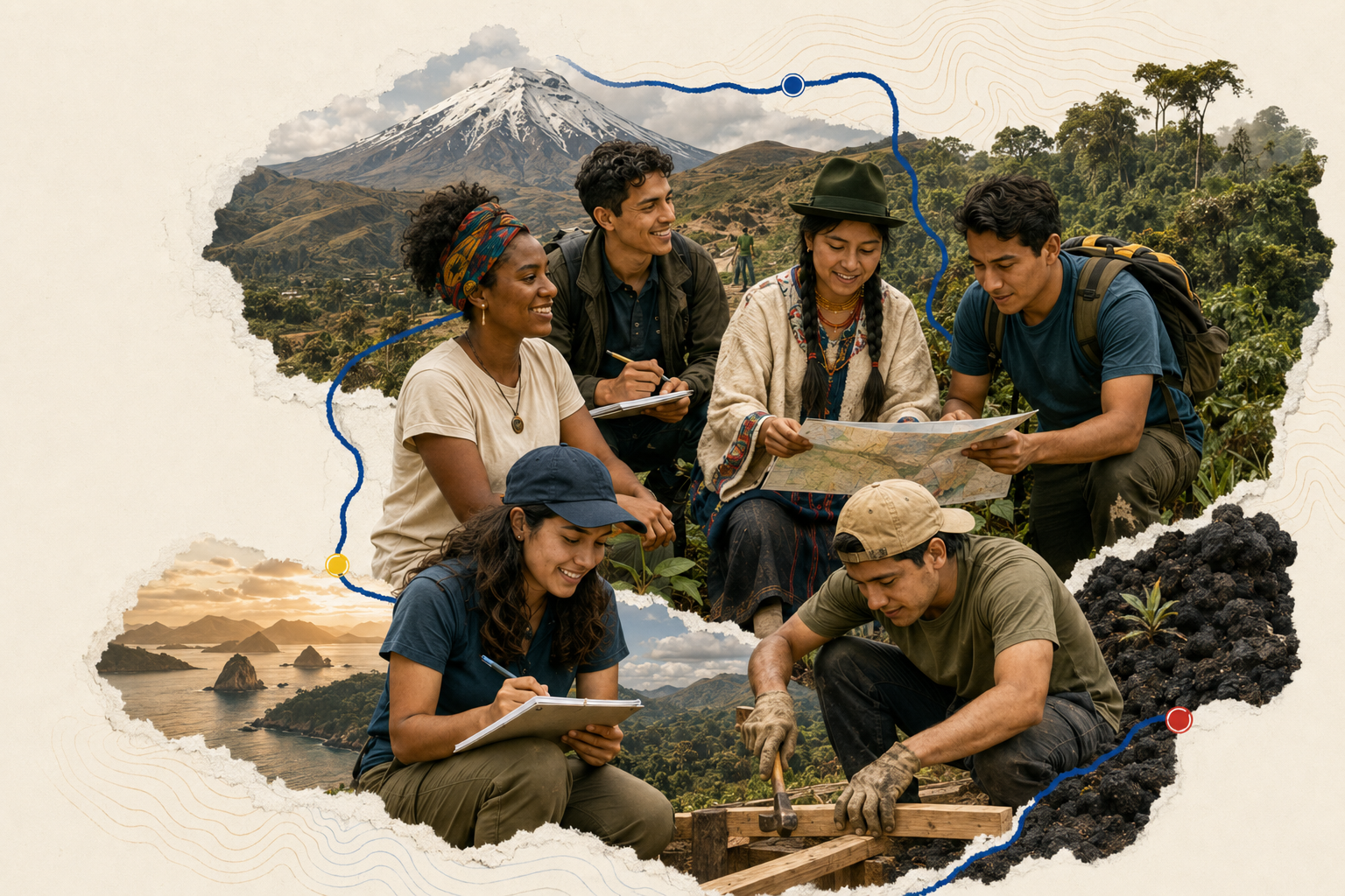 Grupo diverso de jóvenes ecuatorianos colaborando en distintos territorios del país